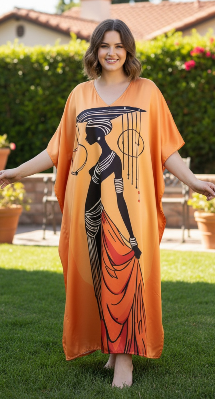 Orange African Satin Women Plus Size Kaftan Maxi Dress for Holidays