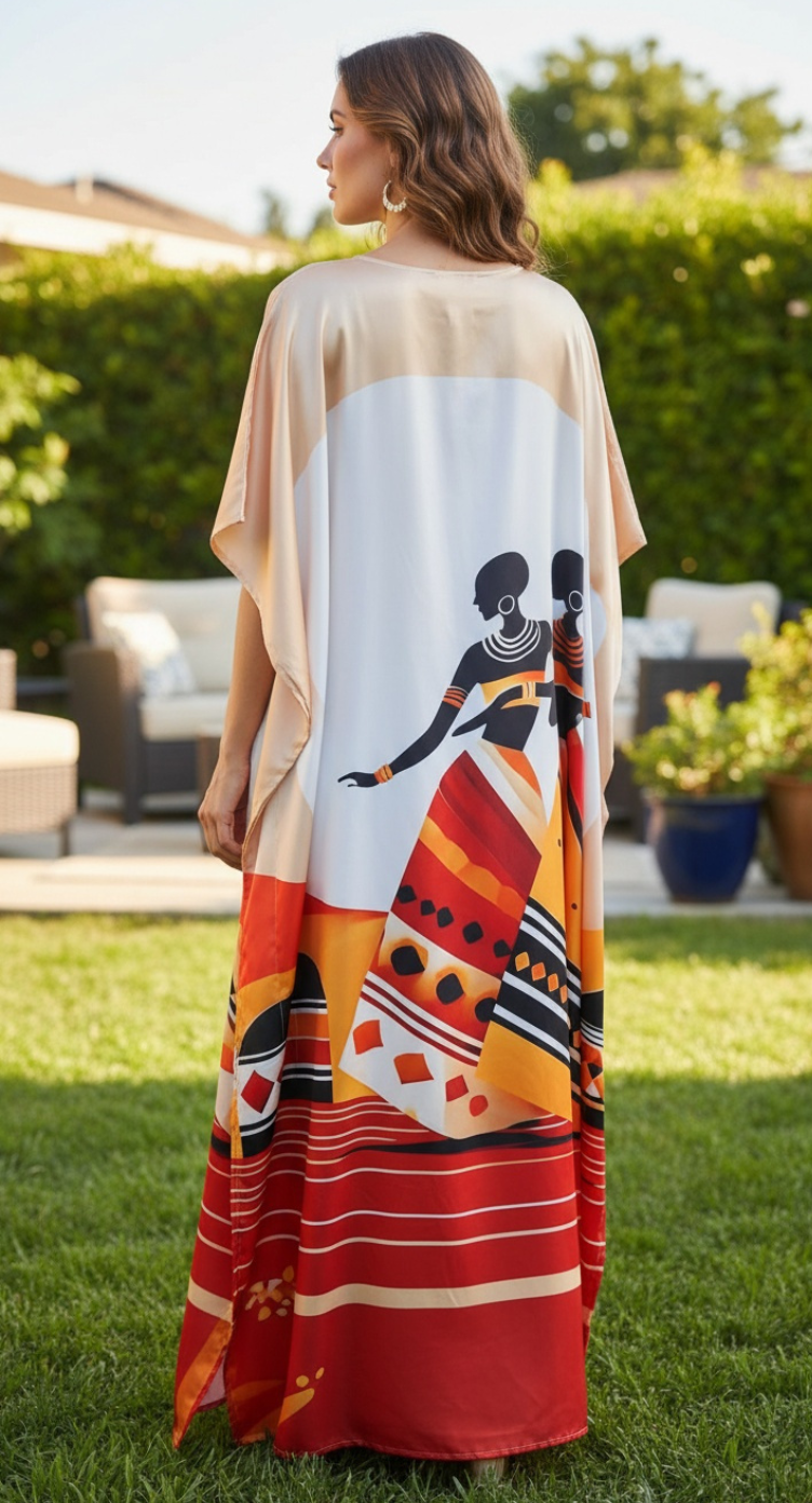 White Tribal Lady Satin Plus Size Kaftan Elegant Maxi Dress for Women