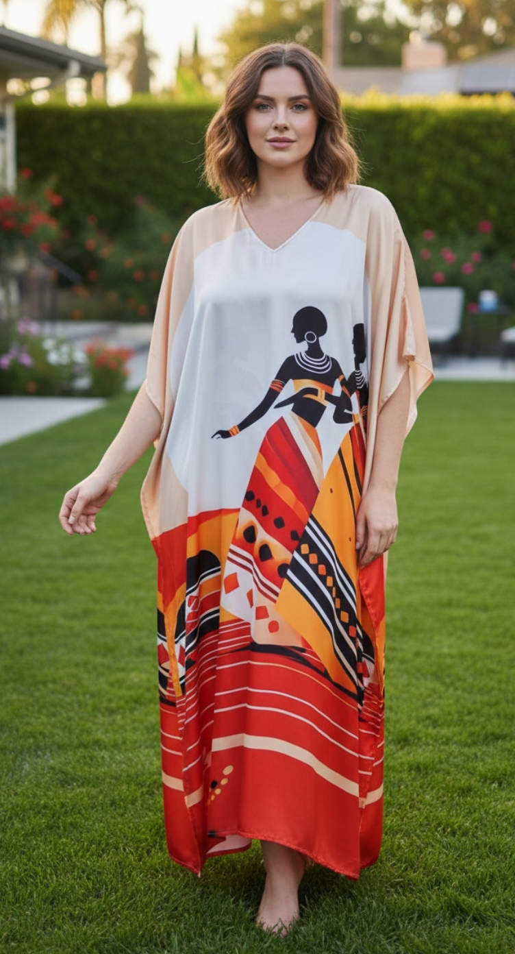 White Tribal Lady Satin Plus Size Kaftan Elegant Maxi Dress for Women