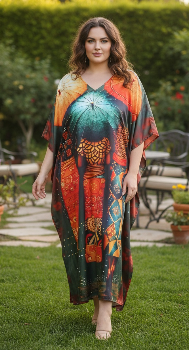 Green Abstract Satin Women Plus Size Kaftan Maxi Dress Boho Loungewear