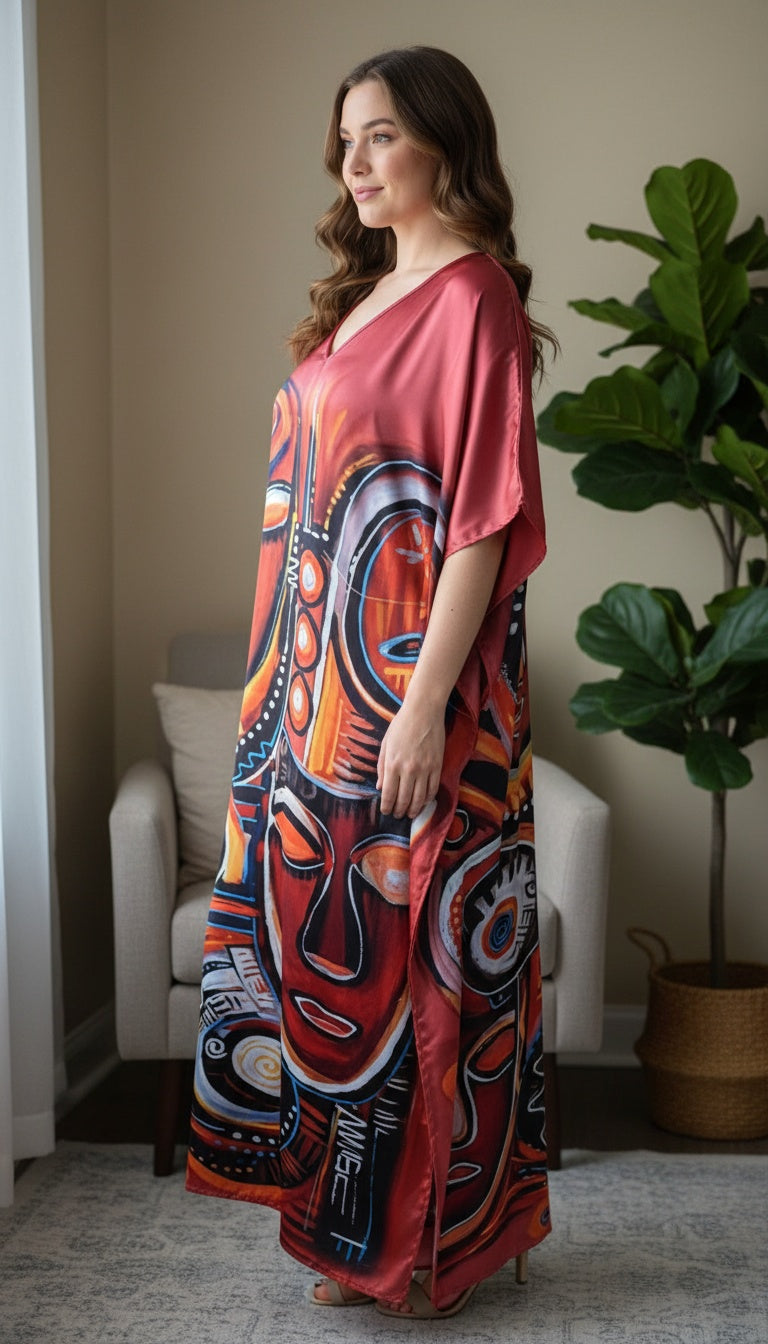 Tribal Mask Maroon Satin Plus Size Kaftan Dress for Party Wear