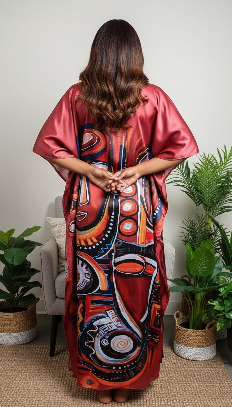 Tribal Mask Maroon Satin Plus Size Kaftan Dress for Party Wear