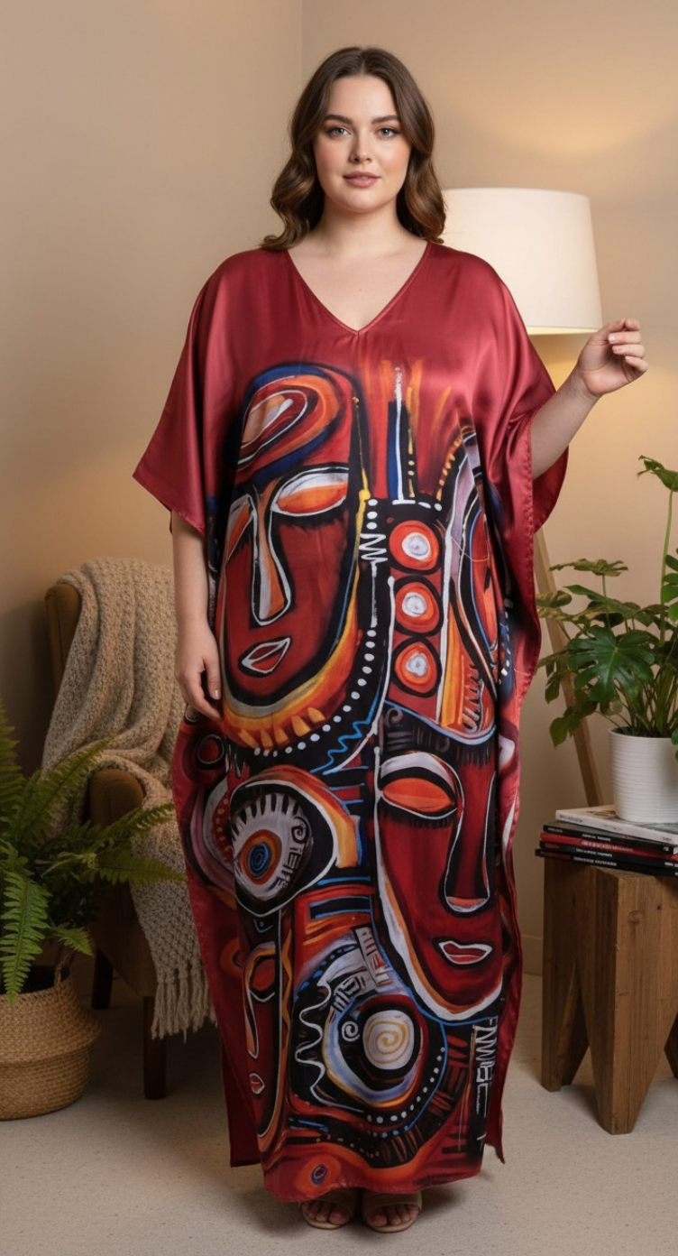 Tribal Mask Maroon Satin Plus Size Kaftan Dress for Party Wear