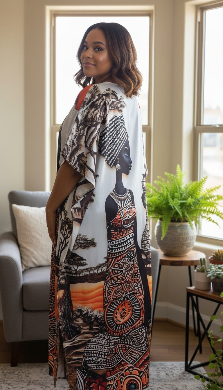 Tribal Lady White Satin Plus Size Kaftan Dress for Beach Wear