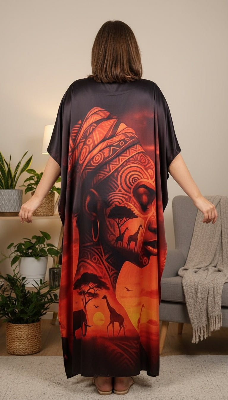African Women Face Black Satin Plus Size Kaftan Dress for Evening Wear
