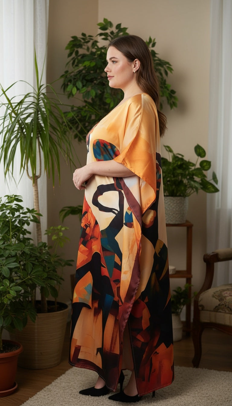 Tribal Lady Beige Satin Plus Size Kaftan Dress for Travel Wear