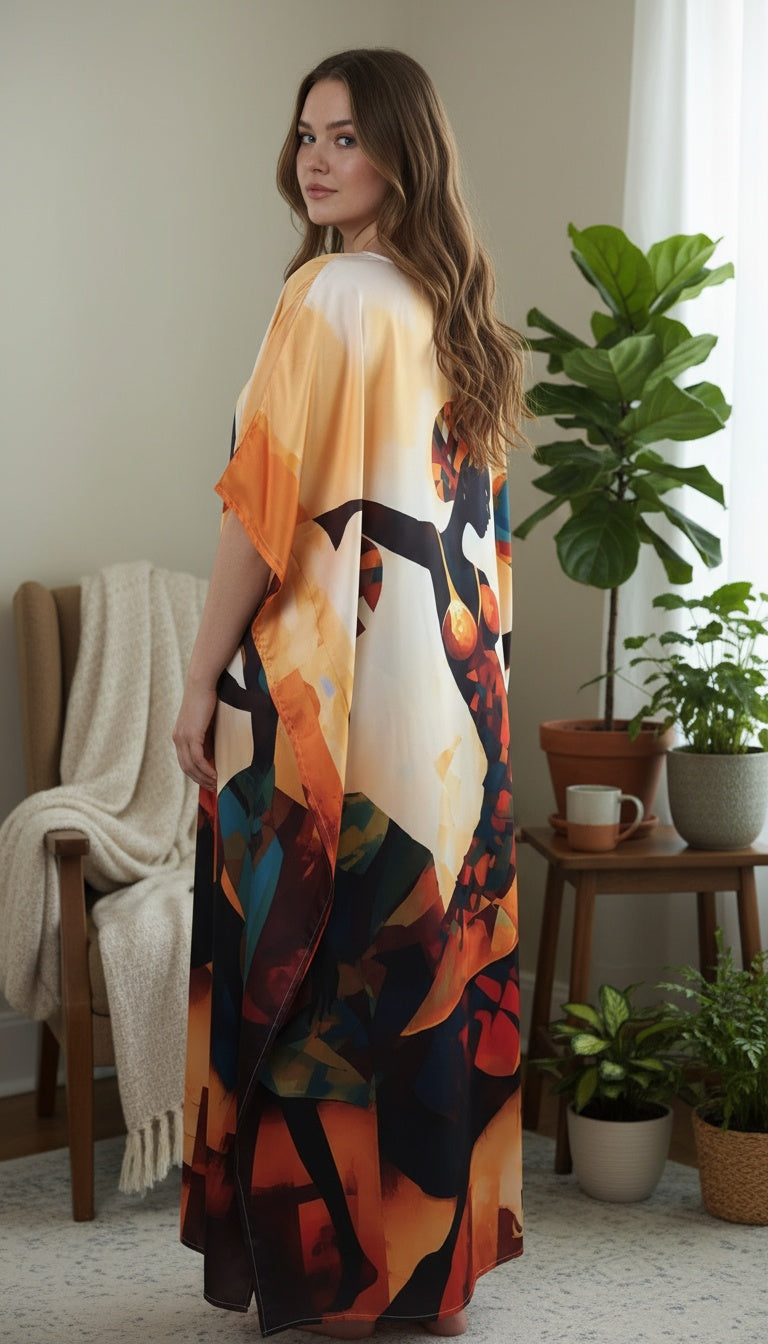 Tribal Lady Beige Satin Plus Size Kaftan Dress for Travel Wear