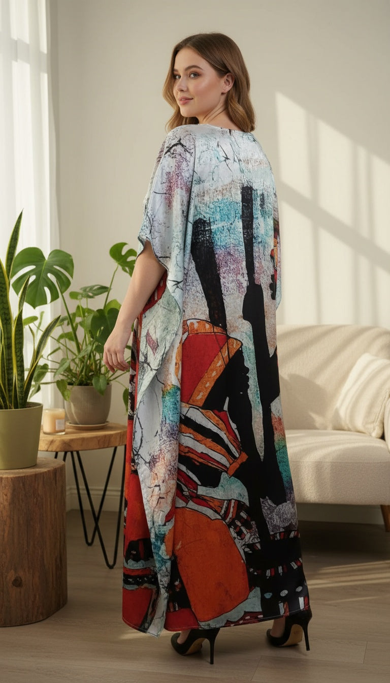 African Aqua Blue Satin Plus Size Kaftan Dress for Poolside Wear