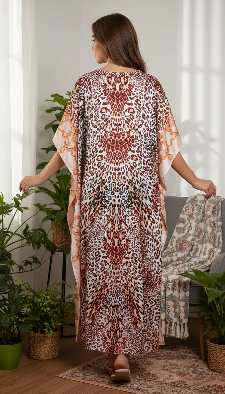 Leopard Print Rust Satin Plus Size Kaftan Dress for Women