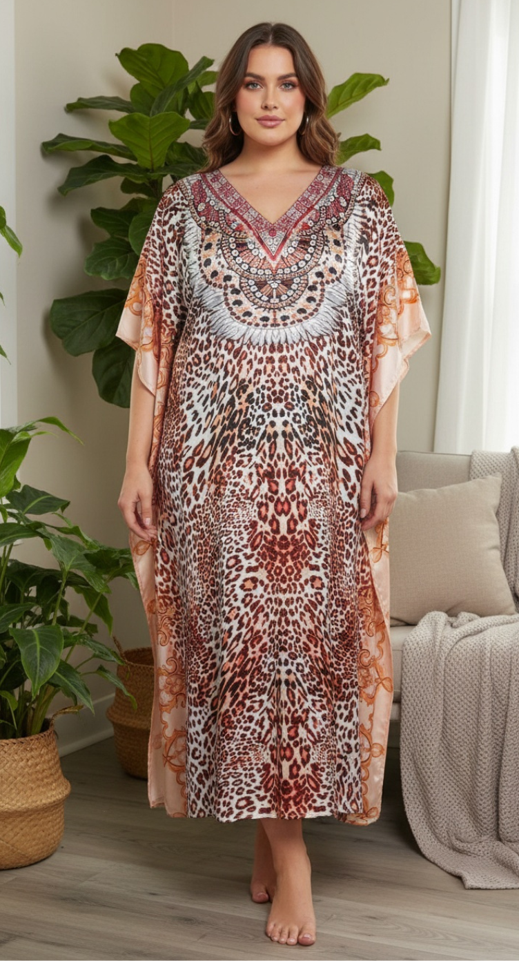 Leopard Print Rust Satin Plus Size Kaftan Dress for Women