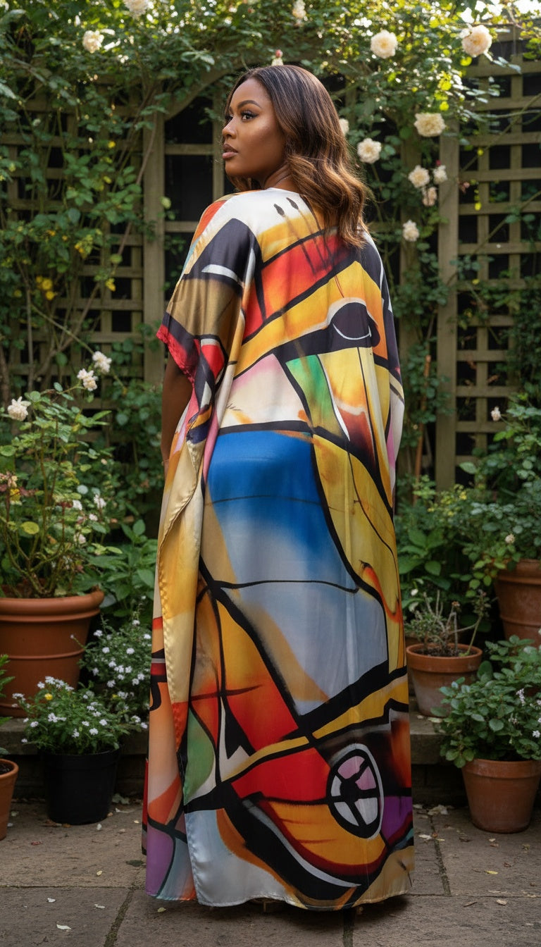 Abstract Yellow Plus Size Women’s Kaftan Dress for Brunch