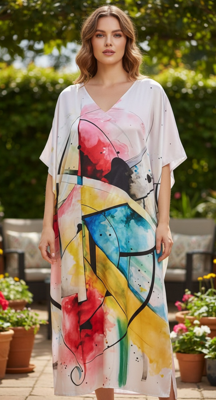 Abstract White Plus Size Women’s Kaftan Dress for Loungewear
