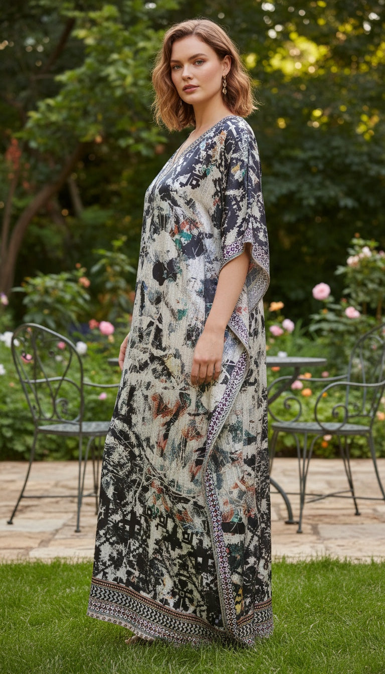 Abstract Black and Grey Women Plus Size Caftan Dress