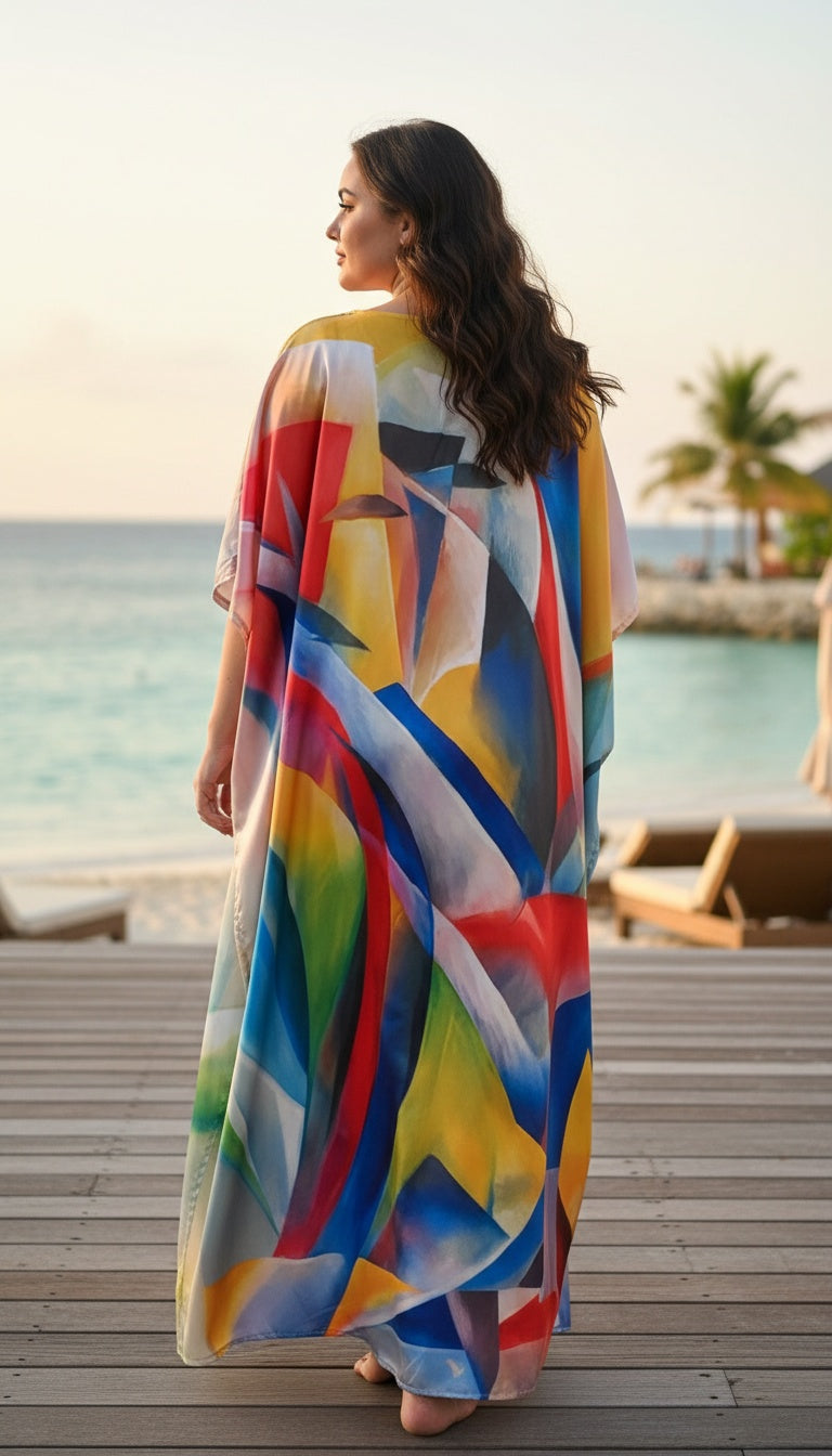 Striped Multicolor Satin Women Plus Size Summer Fest Flowy Kaftan Dress