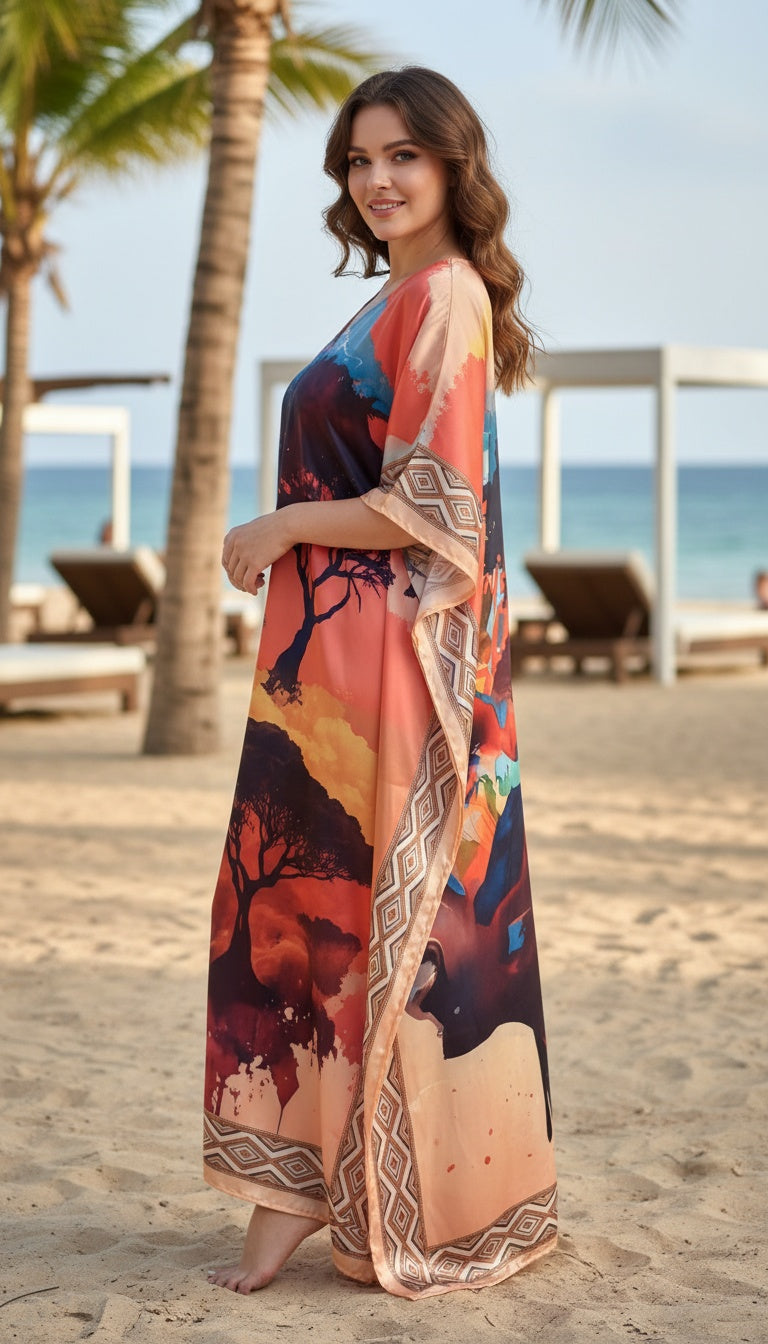 Tree Peach Satin Women Plus Size Maxi Kaftan Loungewear Dress