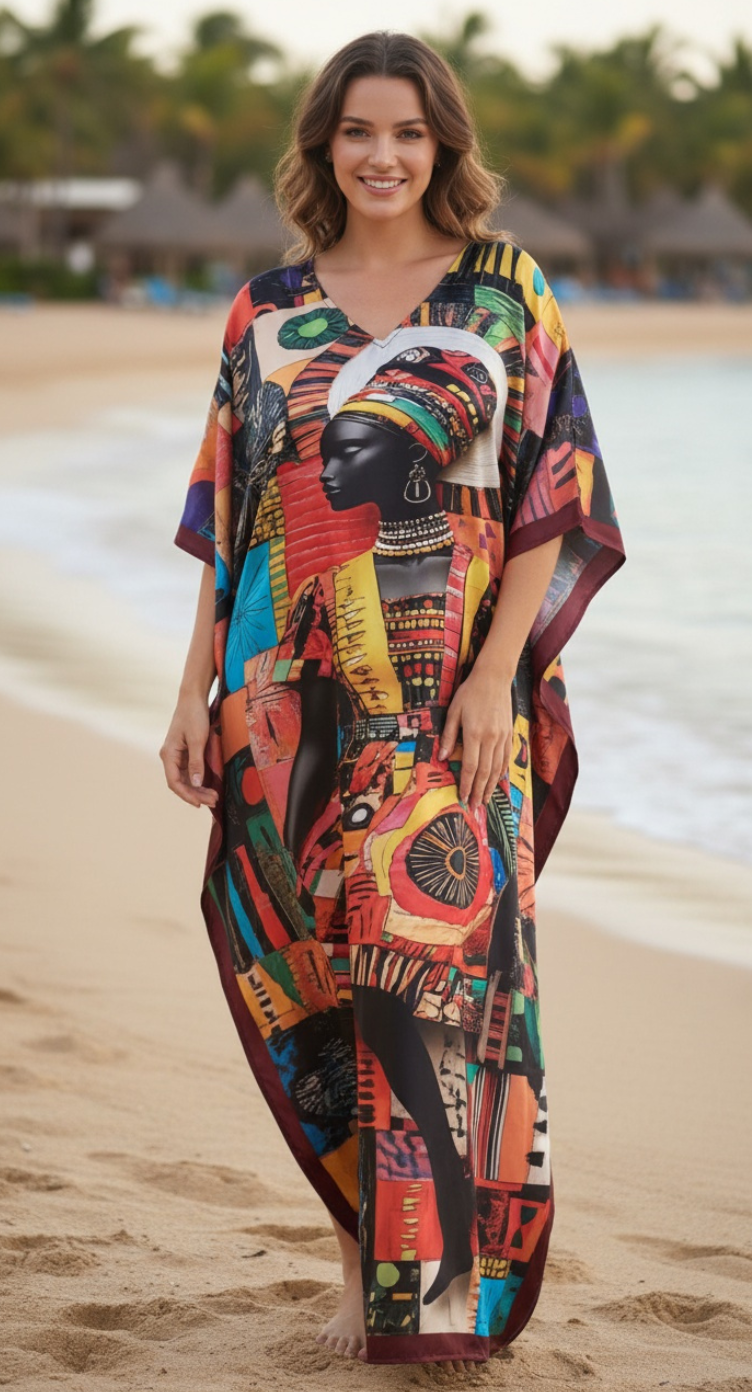 African Print Multicolor Satin Plus Size Women Kaftan Dress Resort Evening Wear