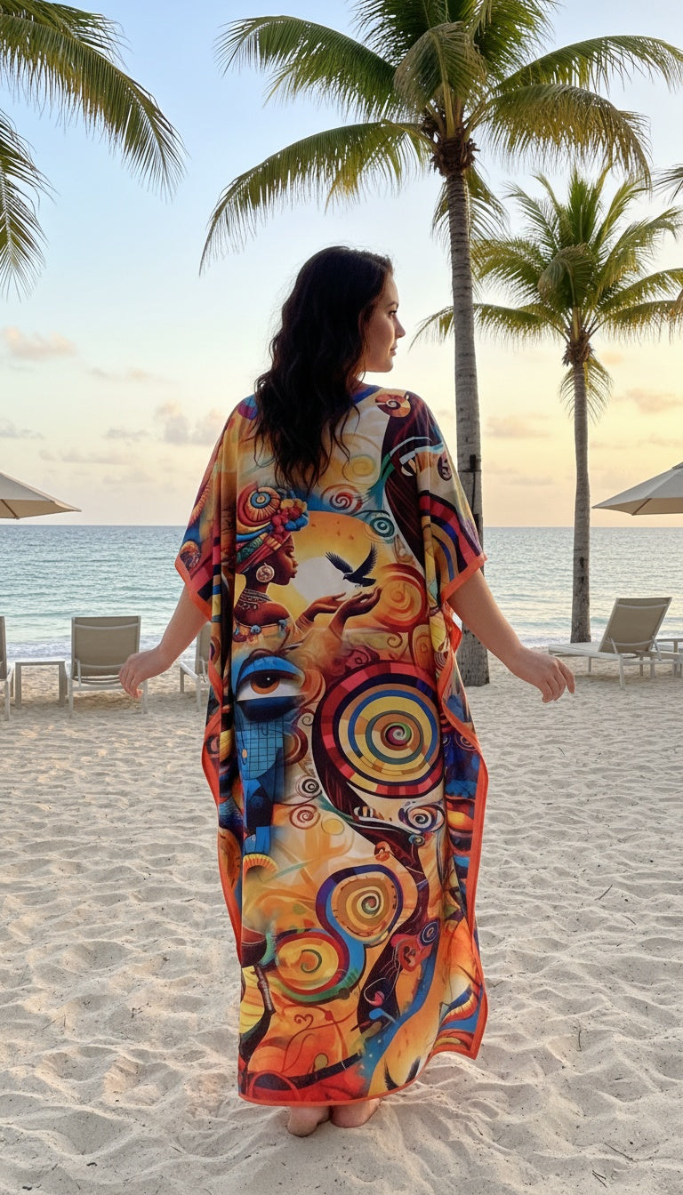 Tribal Warm Orange Satin Plus Size Women Caftan Elegant Evening Dress