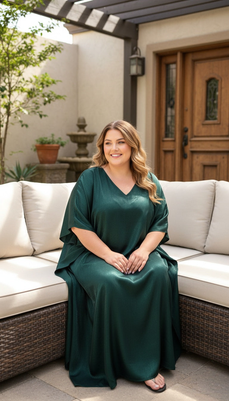 Emerald Green Pumpkin Silk Women Plus Size Caftan Elegant Resort Dress