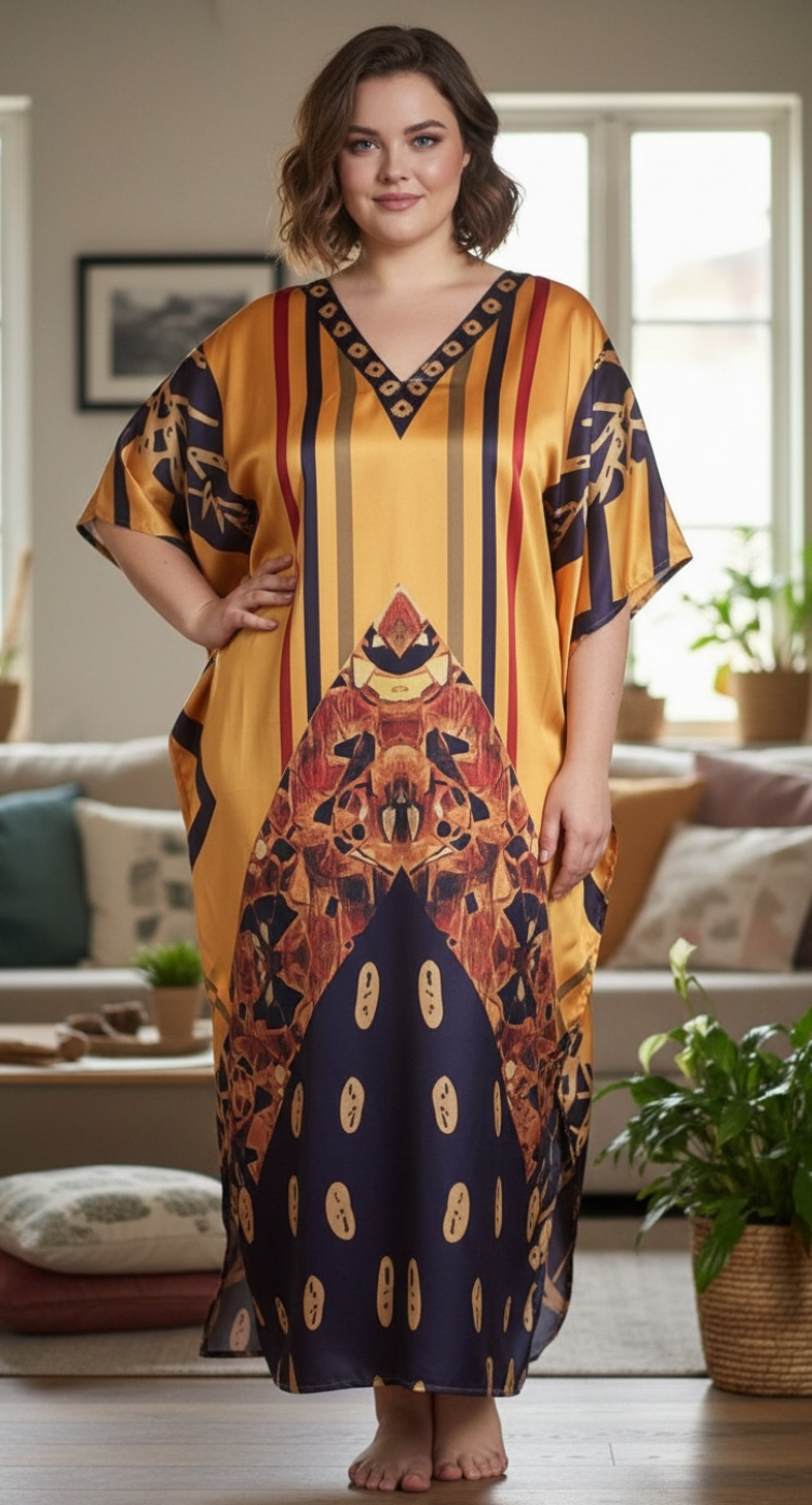 Geometric Burnt Orange Satin Plus Size Women Kaftan Ethnic Evening Dress