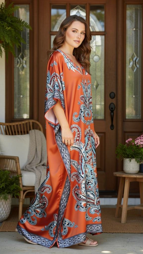 Boho Orange Satin Plus Size Women Kaftan Maxi Bohemian Resort Gown