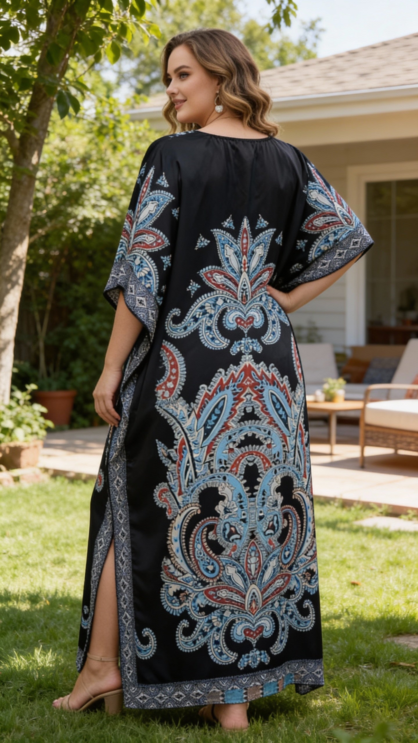 Black Paisley Satin Women Plus Size Kaftan Dress for Resort