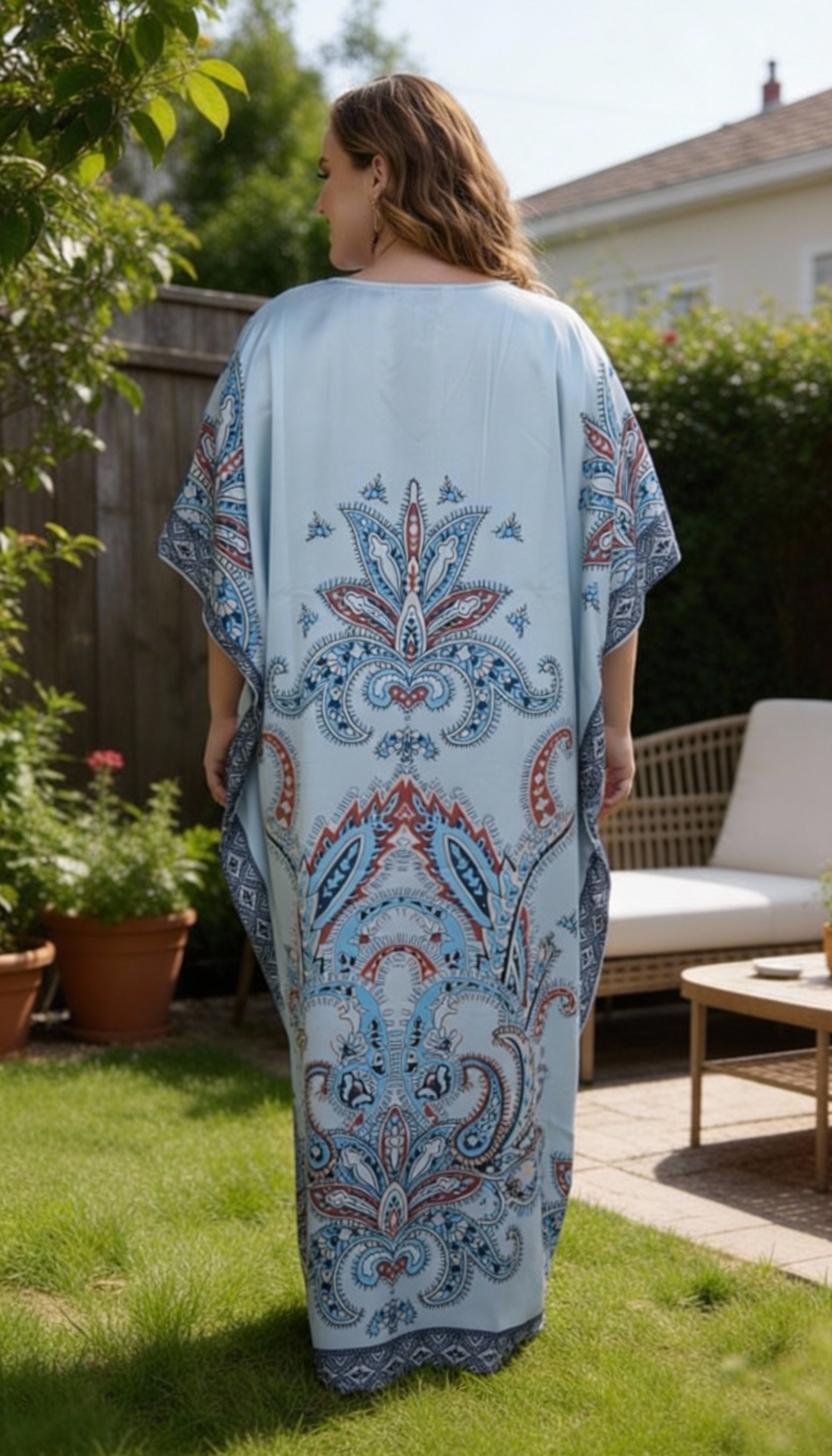 Silver Grey Paisley Satin Women Plus Size Kaftan Dress for Summer