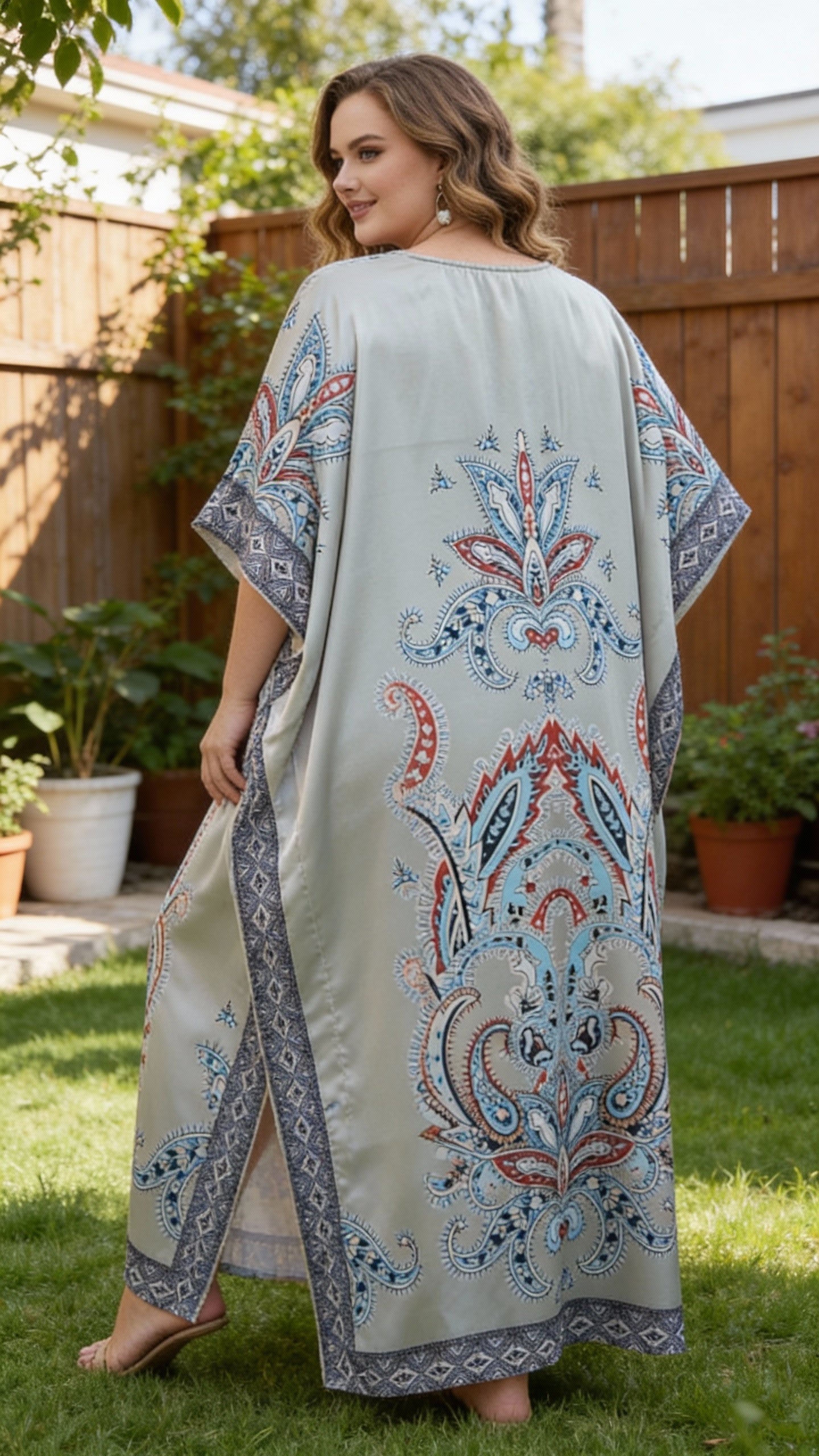 Grey Paisley Satin Women Plus Size Kaftan Dress for Resort