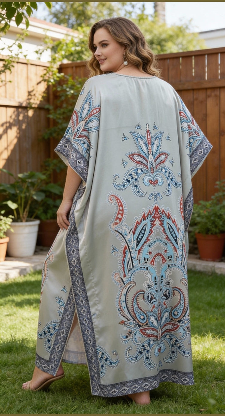 Grey Paisley Satin Women Plus Size Kaftan Dress for Resort - SKU SGT152-2151 - Gypsie Blu