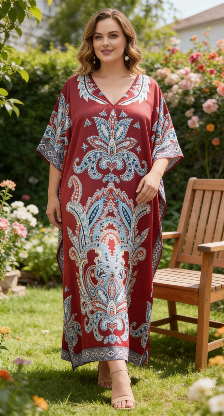 Maroon Paisley Satin Women Plus Size Kaftan Dress for Evening Parties