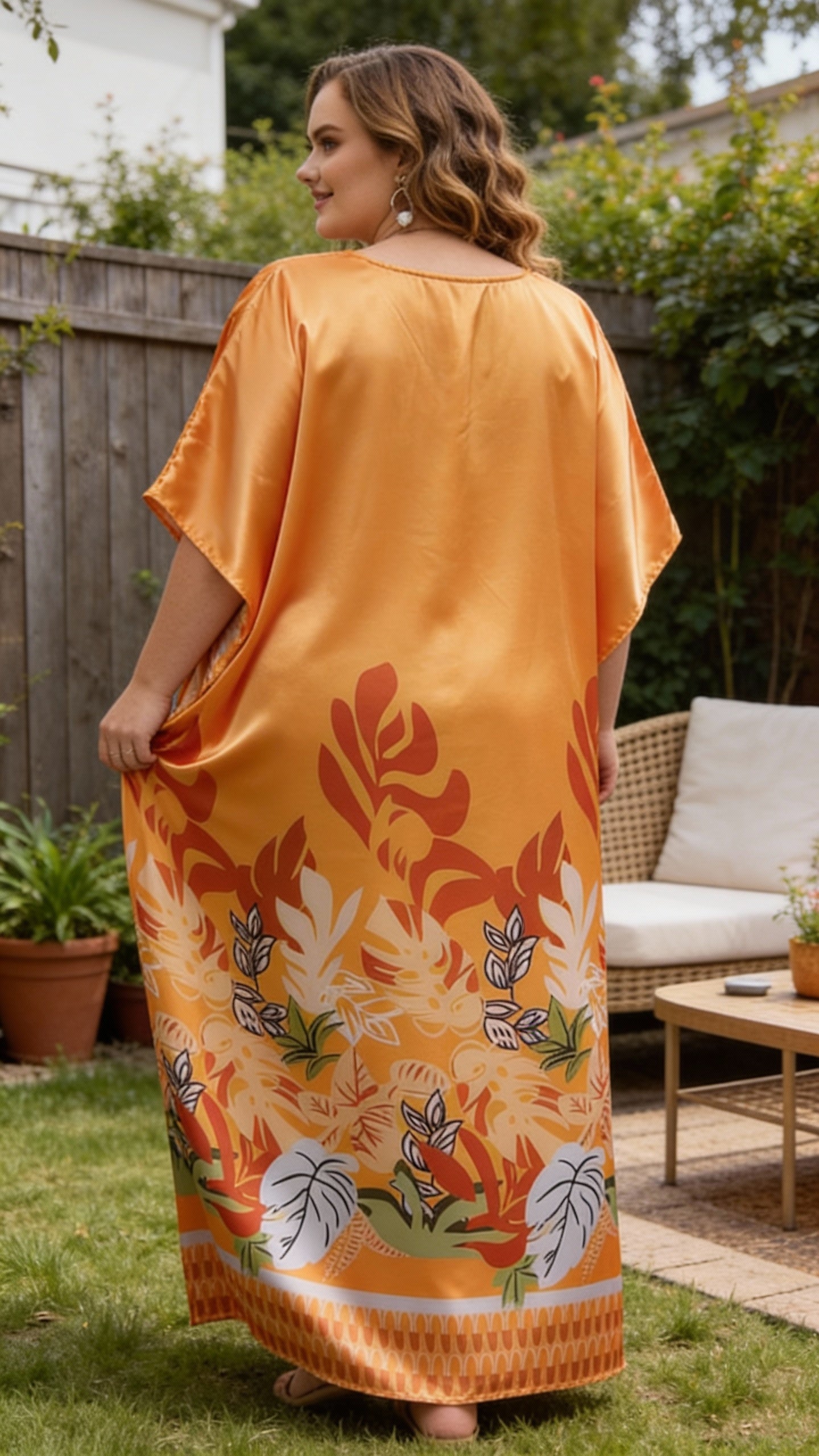 Yellow Leaf Satin Women Plus Size Kaftan Dress for Beach Vacation