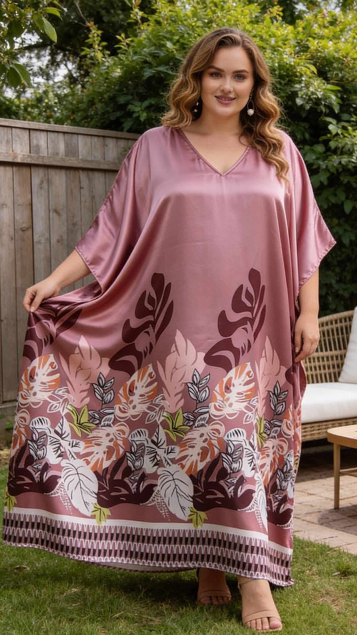 Pink Leaf Satin Women Plus Size Kaftan Dress for Lounge Wear