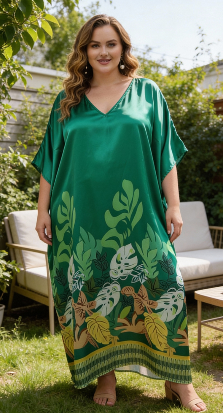 Emerald Green Leaf Satin Women Plus Size Kaftan Dress for Tropical Holidays
