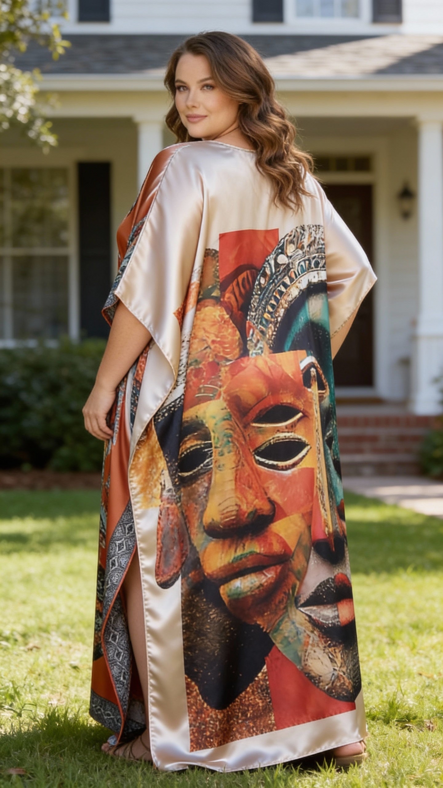 Silver Tribal Mask Satin Women Plus Size Kaftan Dress for Special Occasions