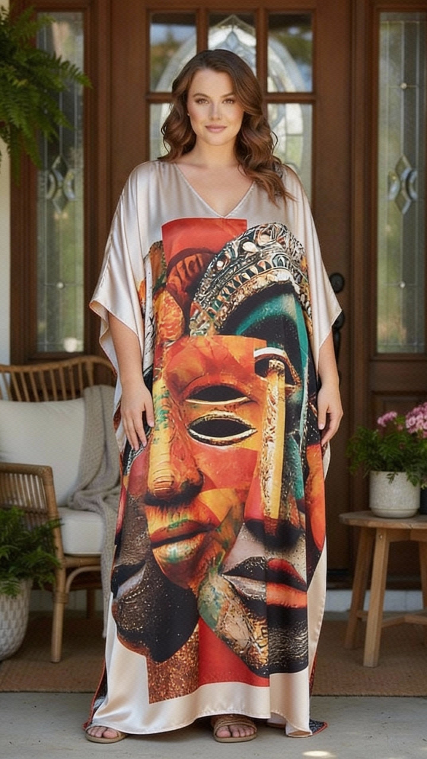 Silver Tribal Mask Satin Women Plus Size Kaftan Dress for Special Occasions