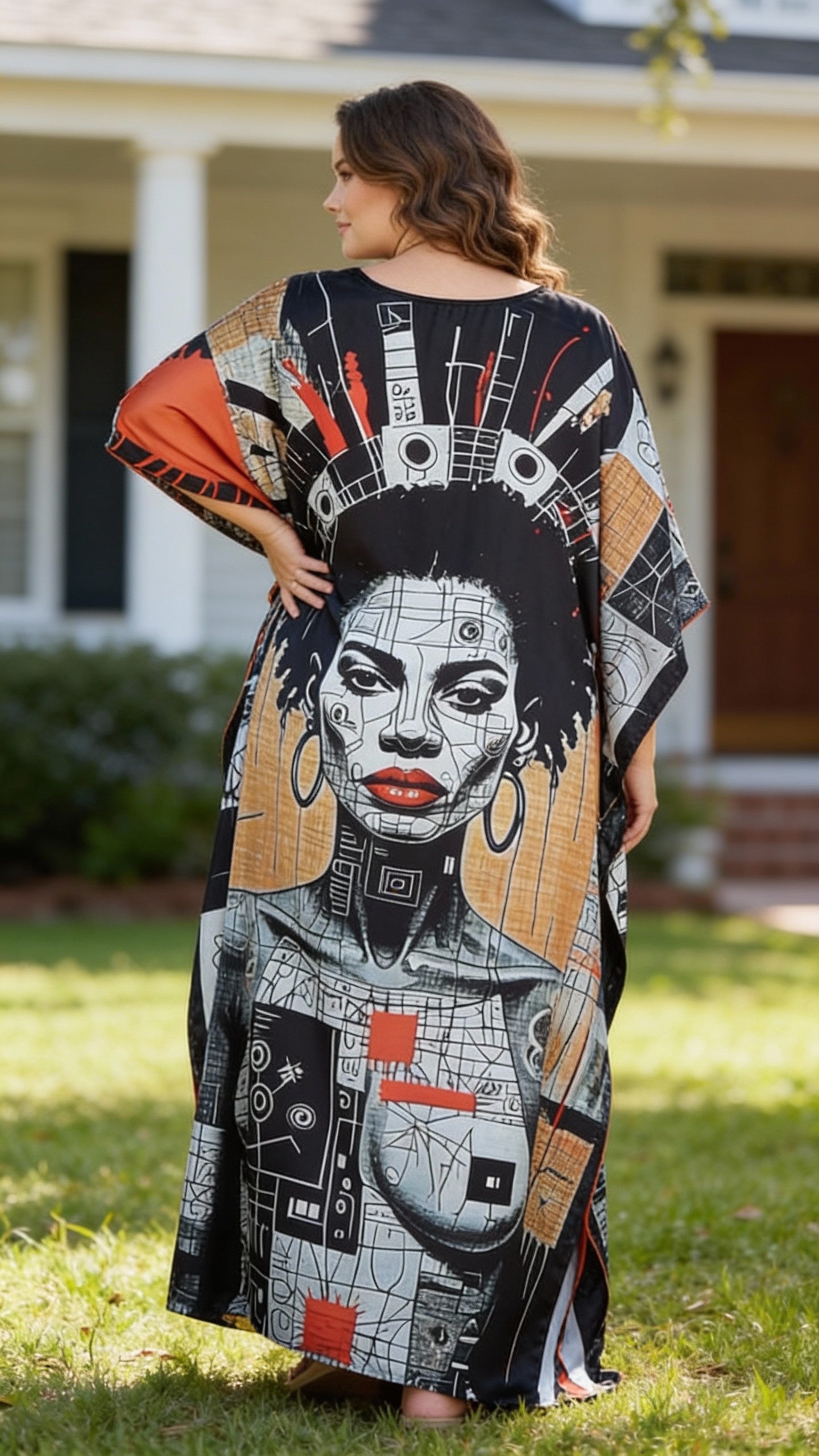 Black Artistic Face Satin Women Plus Size Kaftan Dress for Resort Evenings