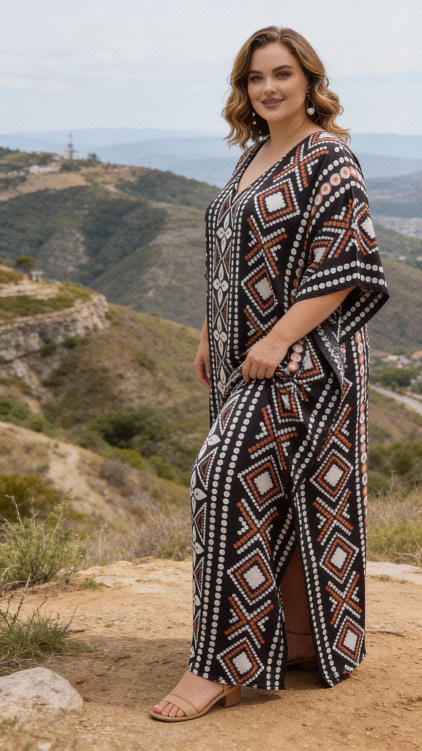 Black & White Geometric Satin Women Plus Size Kaftan Evening Dress