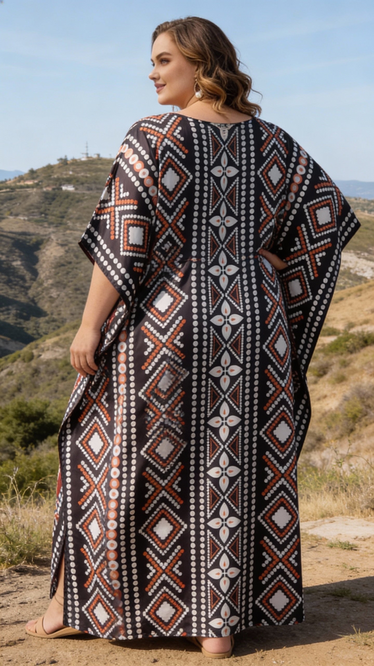 Black & White Geometric Satin Women Plus Size Kaftan Evening Dress