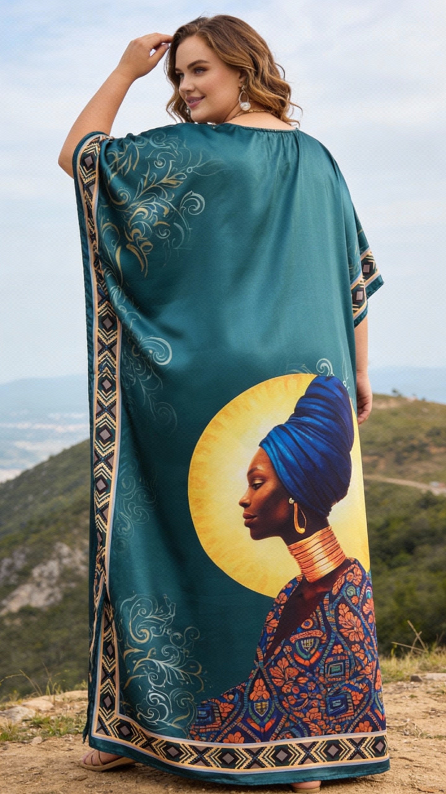 Teal Tribal Satin Women Plus Size Kaftan Resort Dress