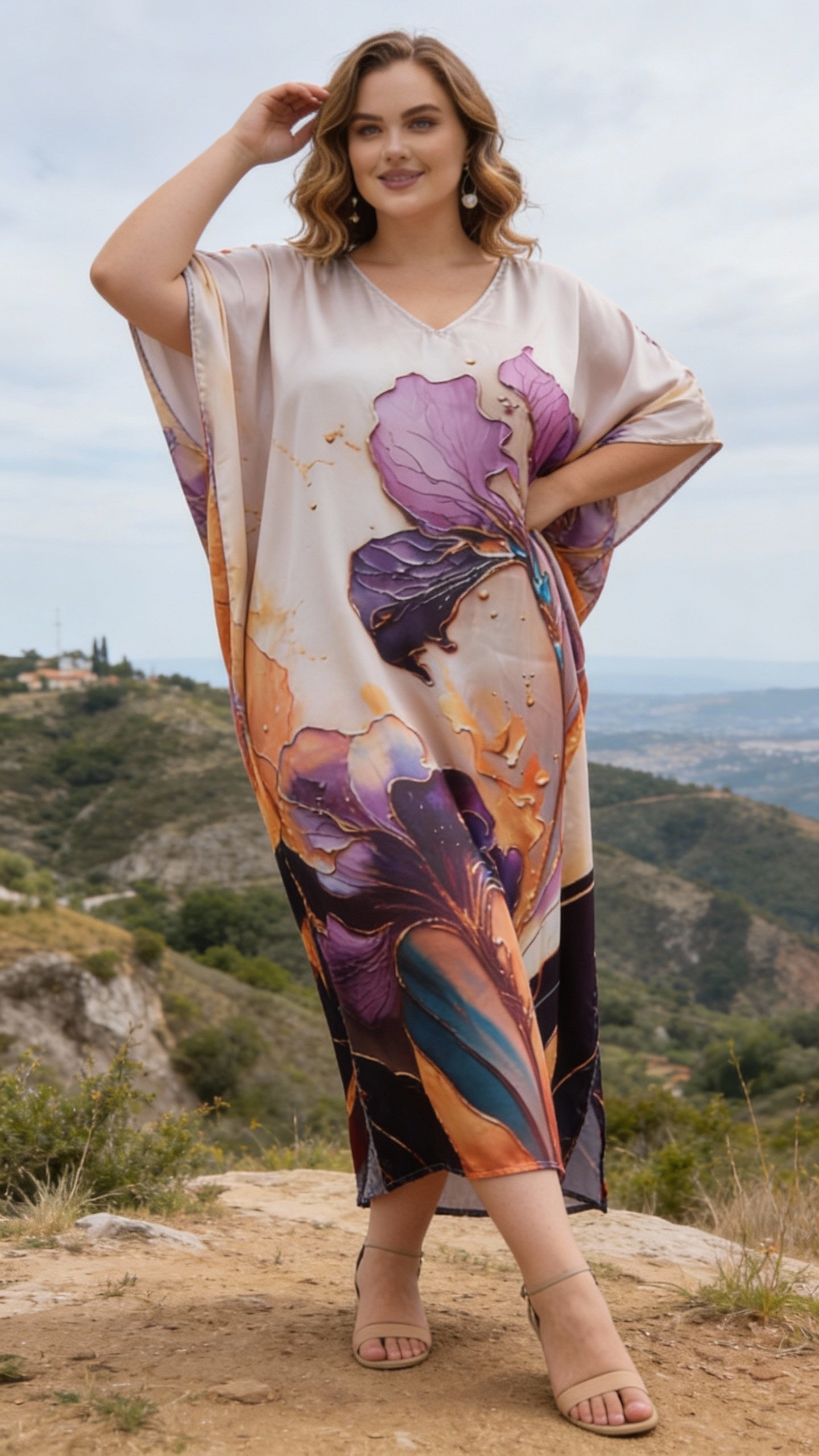 Light Beige Floral Satin Women Plus Size Kaftan Coverup Dress