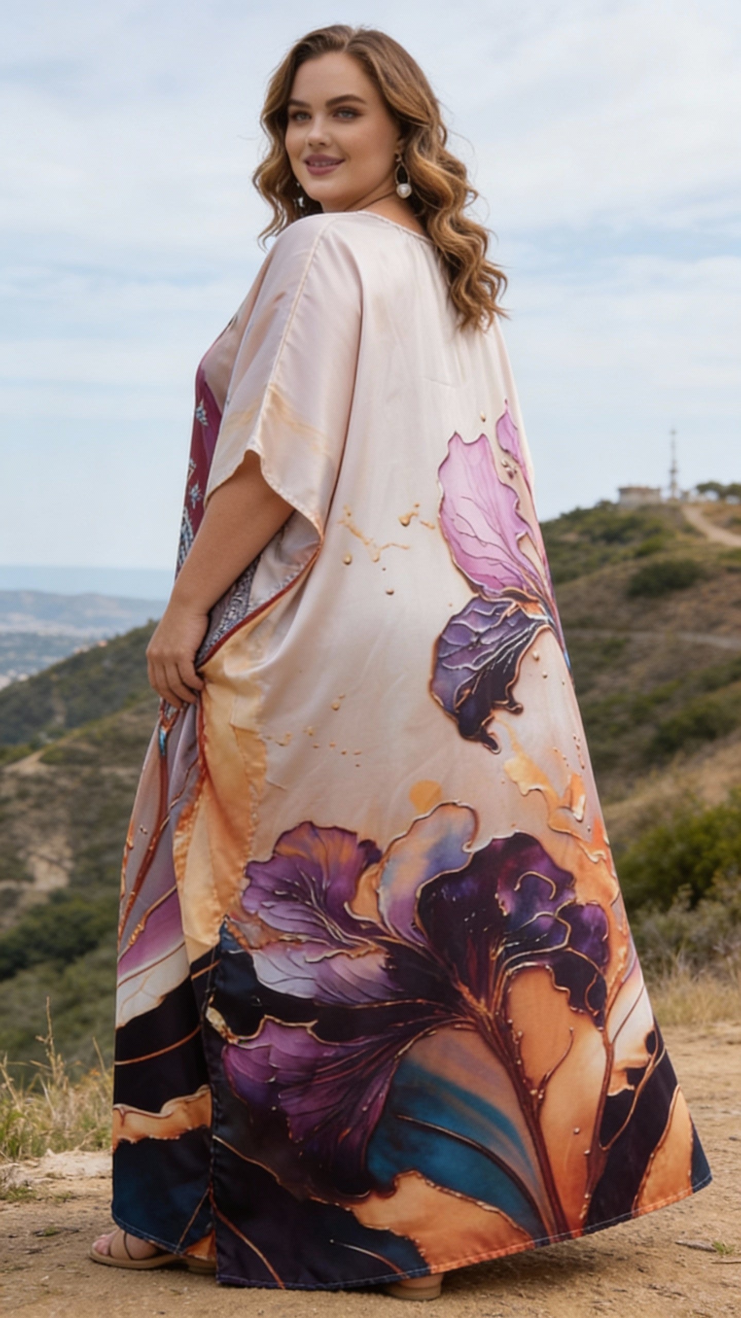 Light Beige Floral Satin Women Plus Size Kaftan Coverup Dress