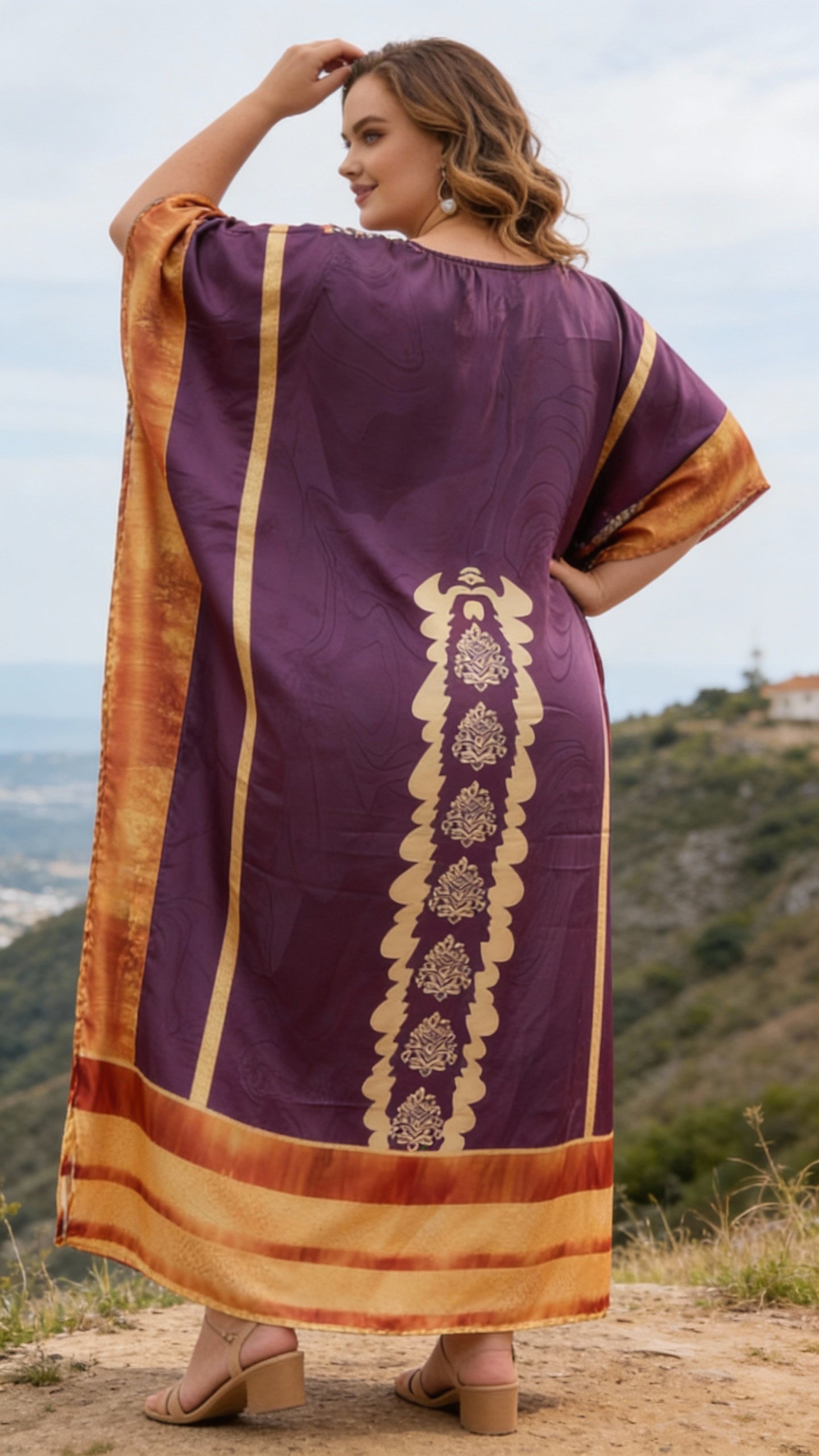 Deep Plum Floral Satin Women Plus Size Kaftan Tropical Dress