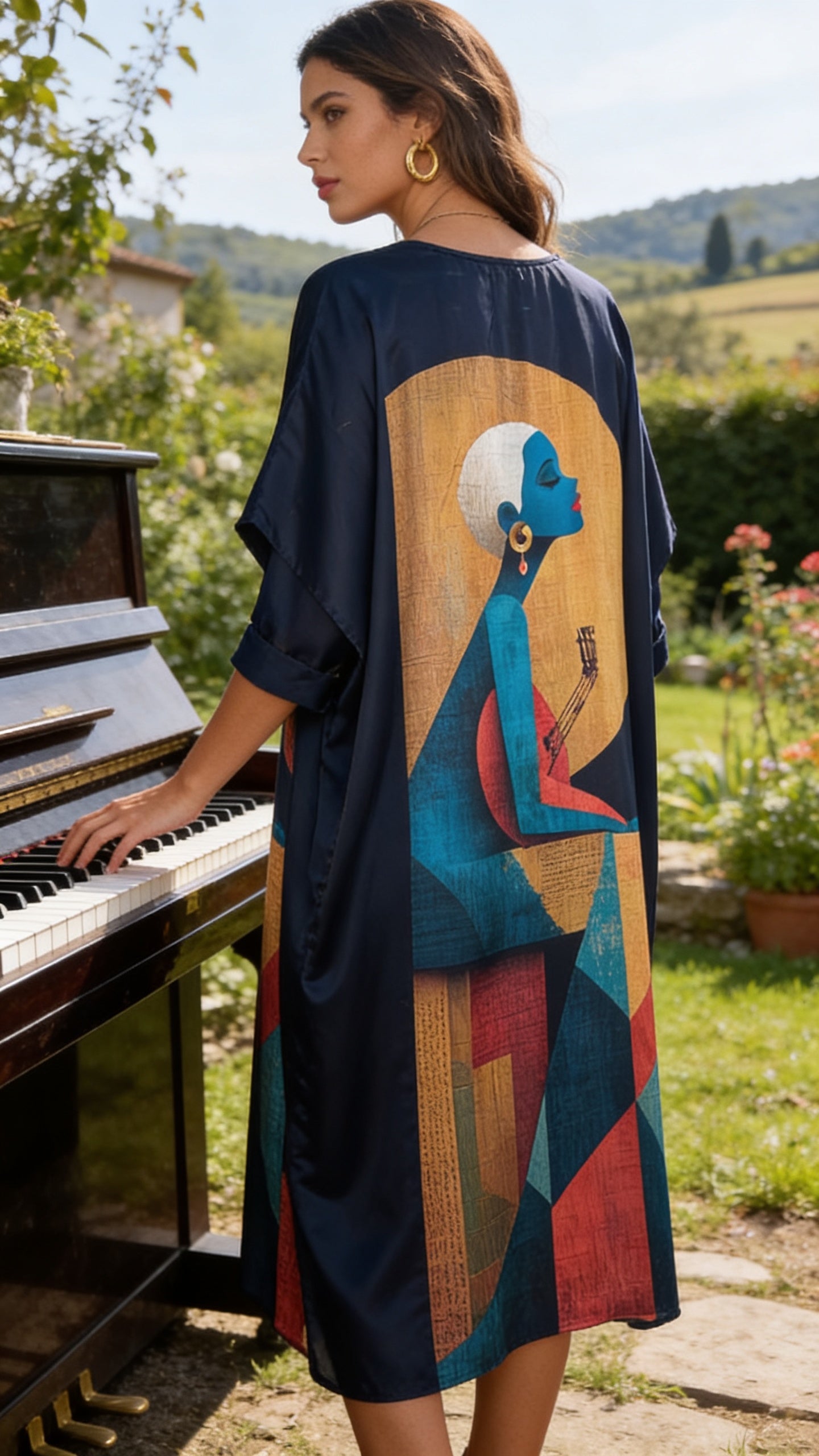 Black Lady Print Satin Women Plus Size Kaftan Loungewear Dress