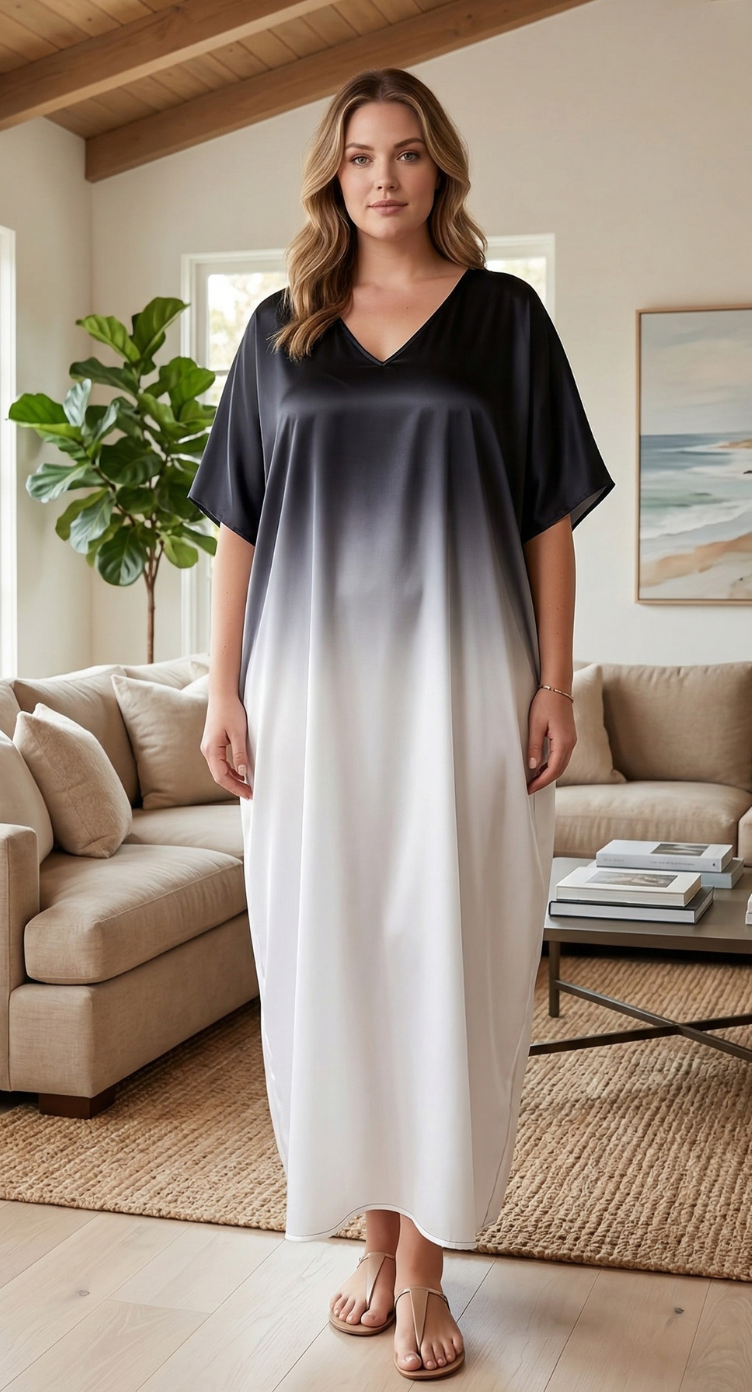 Black & White Ombre Satin Women Plus Size Kaftan Resort Dress