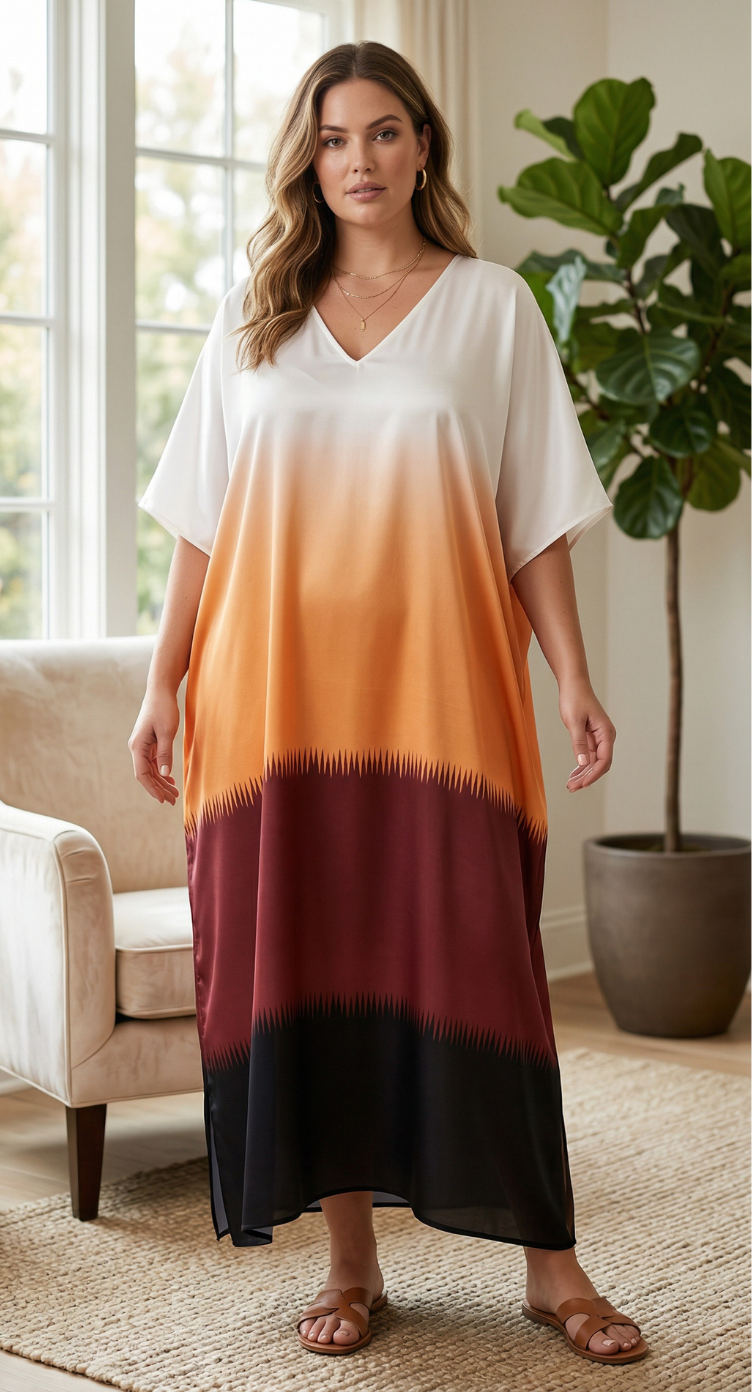 Multicolor Ombre Satin Women Plus Size Kaftan Beach Wear Dress