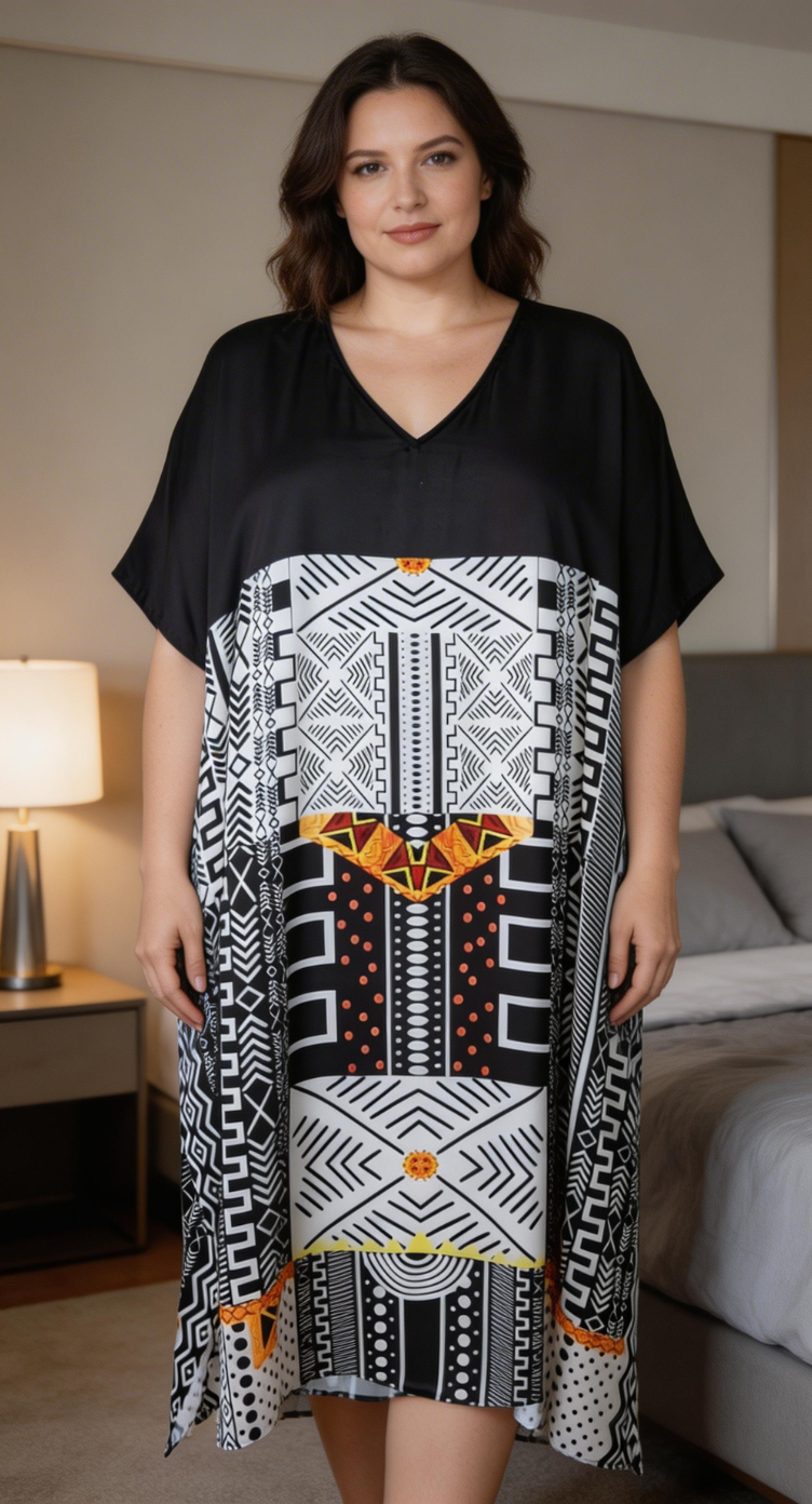 Black Geometric Satin Kaftan for Women Plus Size Lounge Dress