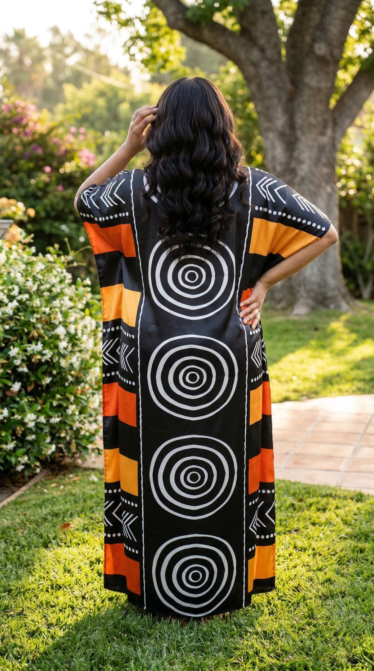 Black Geometric Satin Women Plus Size Kaftan Elegant Dress