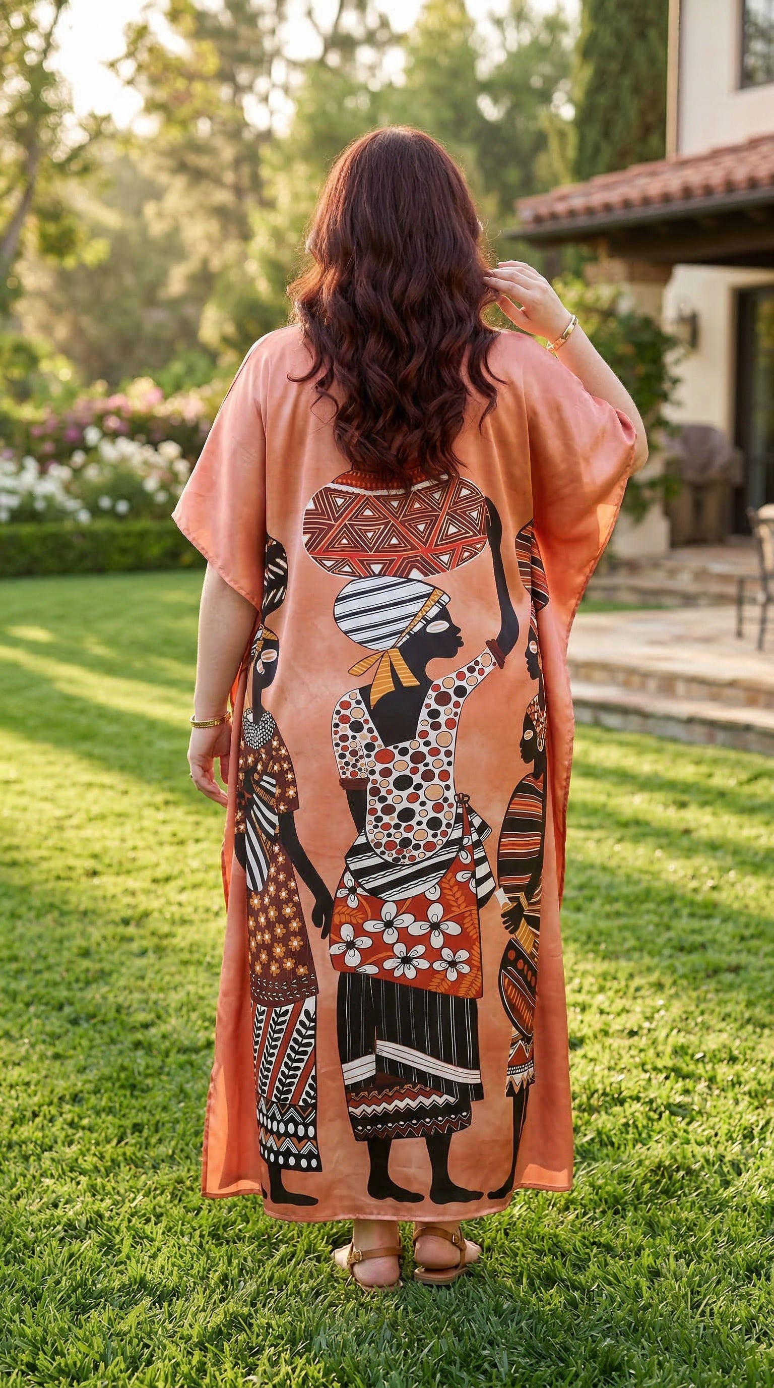 Terracotta Tribal Print Satin Women Plus Size Kaftan Tropical Dress 1X-3X