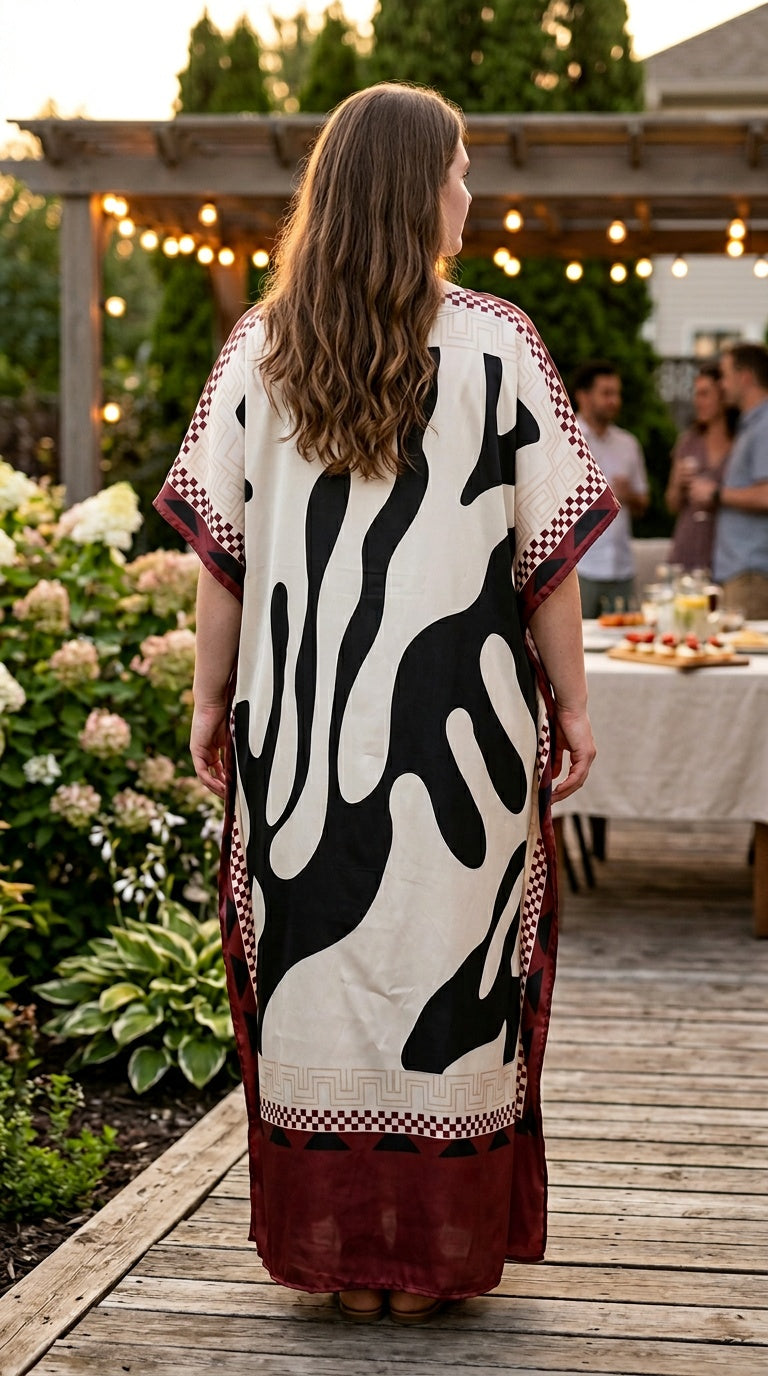 Cream Abstract Satin Women Plus Size Kaftan Elegant Dress