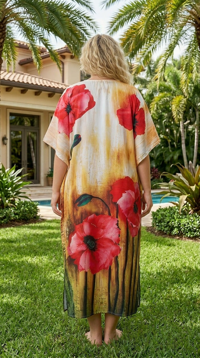 Cream Floral Satin Women Plus Size Kaftan Brunch Dress