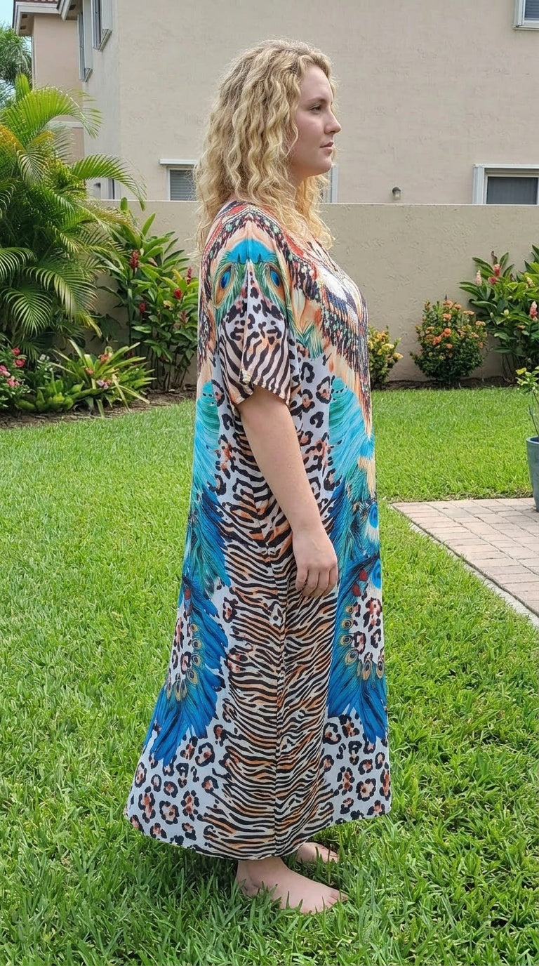 Turquoise Animal Print Satin Women Plus Size Kaftan Resort Dress